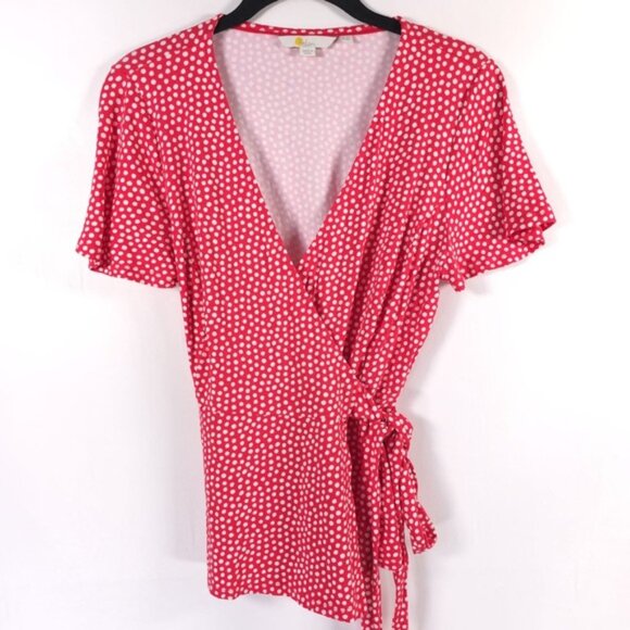 Boden Viscose Blend Wrap‎ Tie V Neck Short Sleeve Top Polka Dot J0664 Size 8P - Picture 2 of 9